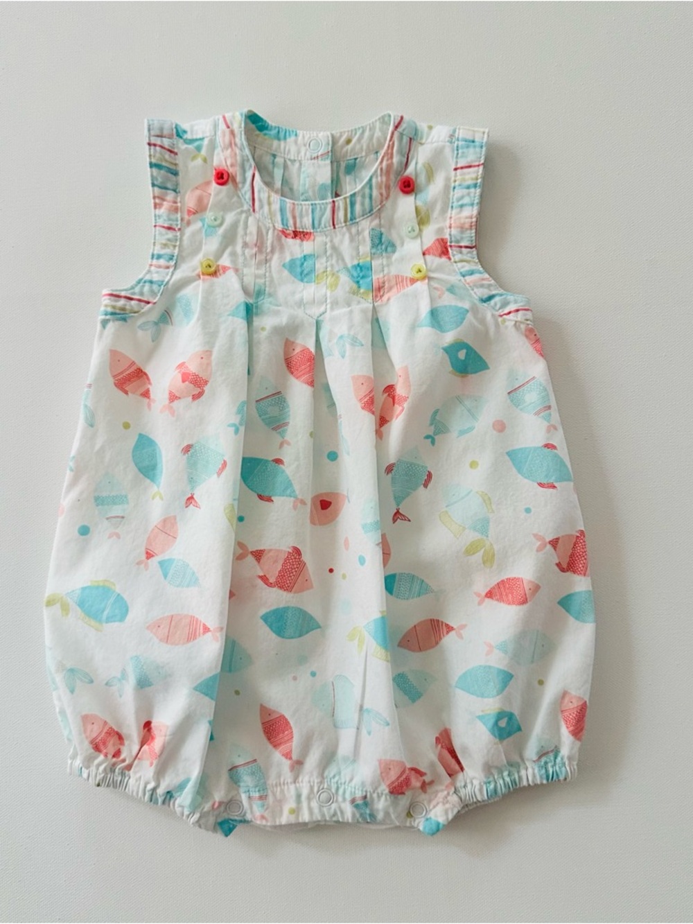 Janie and Jack 3-6 Months Baby Girl White Romper Aqua Coral Fish Spring Summer